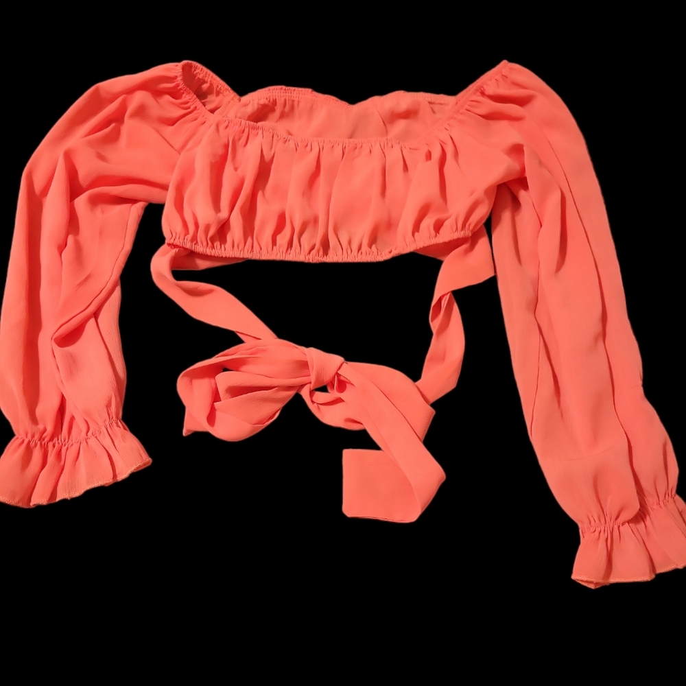 Lyaner Coral crop top with flounce sleeves and tie boho - Picture 4 of 7